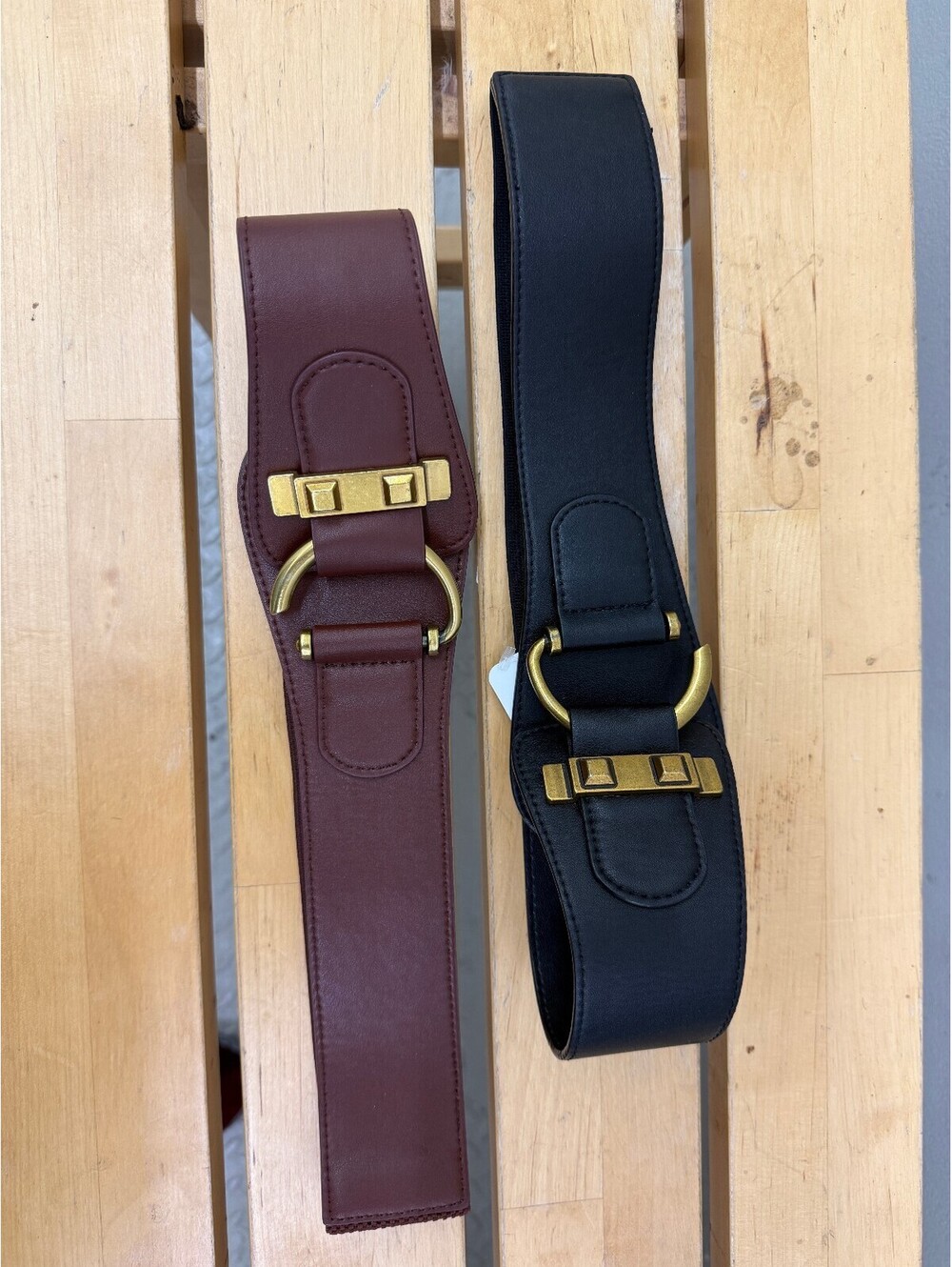 Set of Two Wide Brown + Black Stretch Waist Belts with Gold Tone Buckles